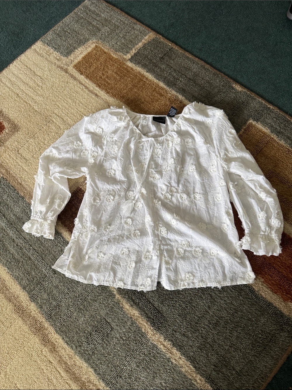 White Floral Embroidered Women's Blouse with Ruffle Cuffs